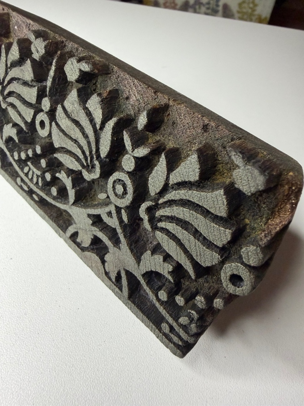 Antique Hand Carved Wooden Print Block - FLORAL VINE - Textile Paper 6" x 2.5"